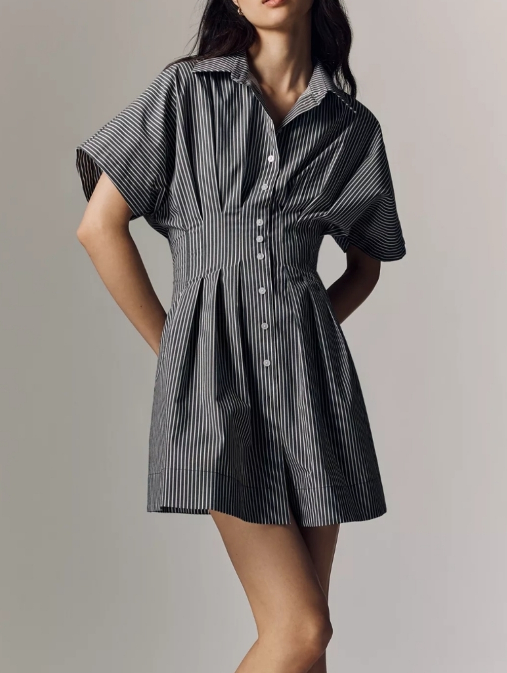 Striped Black and White Mini Dress with Button Front
